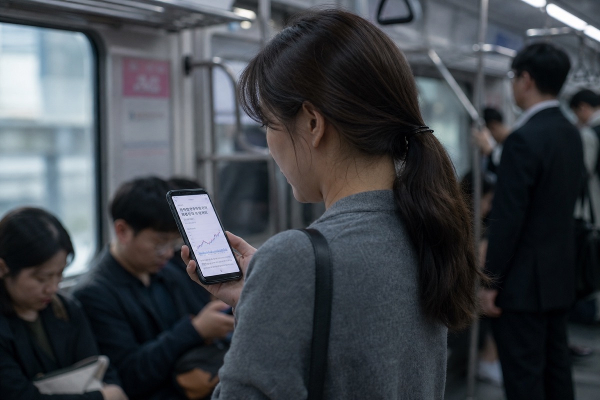 출근길 지하철에서 휴대폰으로 경제 뉴스를 읽는 직장인